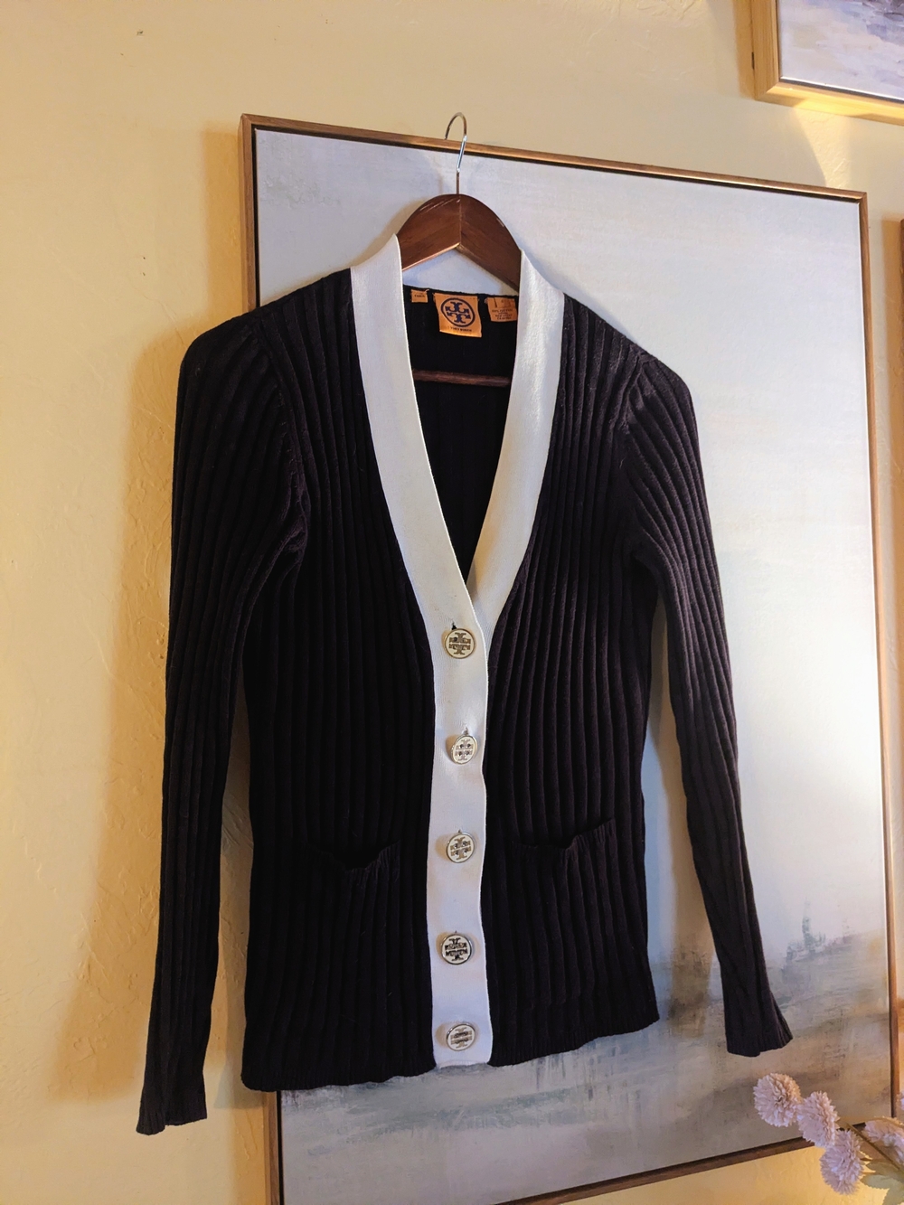 Tory Burch Black Ribbed Cardigan with White Trim and Logo Buttons